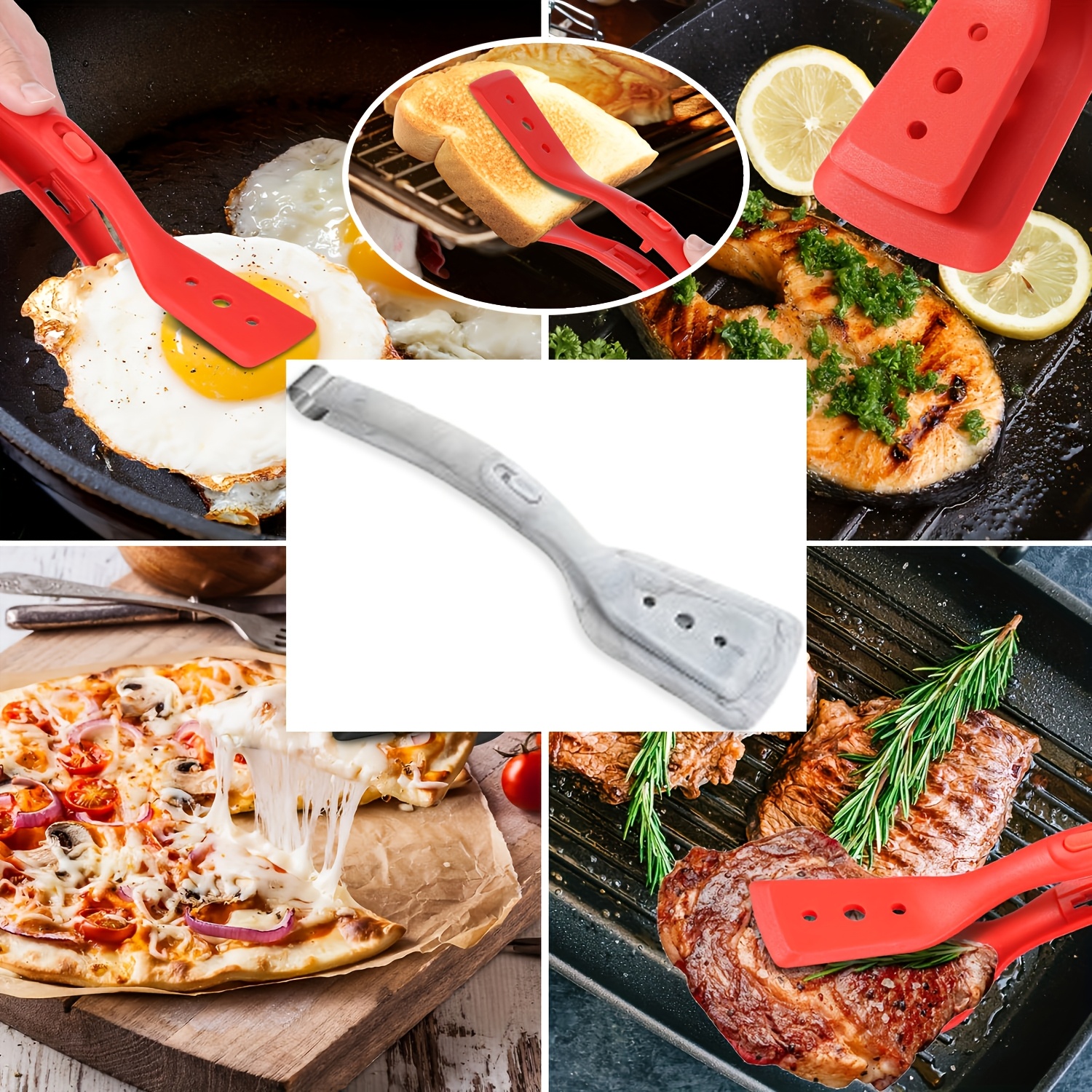2-In-1 Stainless Steel Silicone Cooking Tongs, Barbecue Heat Resistant Spatula-11.6 Inches-Adjustable Design, Multi-Purpose Home Kitchen Bread Holder Non-Stick Clamps, Flip Fish, Eggs, Fried Steaks, Pancakes, Omelets, Toast Salad Tongs - Image 6