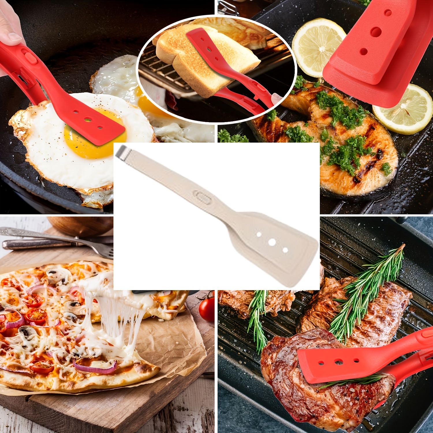 2-In-1 Stainless Steel Silicone Cooking Tongs, Barbecue Heat Resistant Spatula-11.6 Inches-Adjustable Design, Multi-Purpose Home Kitchen Bread Holder Non-Stick Clamps, Flip Fish, Eggs, Fried Steaks, Pancakes, Omelets, Toast Salad Tongs - Image 5
