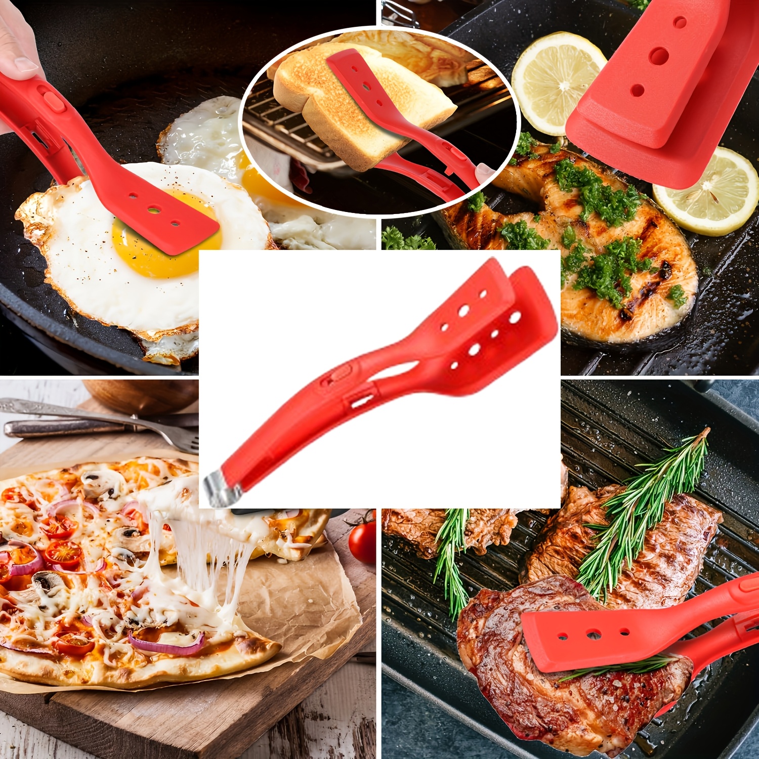 2-In-1 Stainless Steel Silicone Cooking Tongs, Barbecue Heat Resistant Spatula-11.6 Inches-Adjustable Design, Multi-Purpose Home Kitchen Bread Holder Non-Stick Clamps, Flip Fish, Eggs, Fried Steaks, Pancakes, Omelets, Toast Salad Tongs - Image 3
