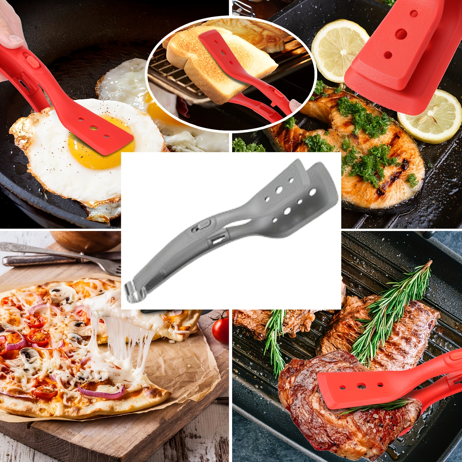 2-In-1 Stainless Steel Silicone Cooking Tongs, Barbecue Heat Resistant Spatula-11.6 Inches-Adjustable Design, Multi-Purpose Home Kitchen Bread Holder Non-Stick Clamps, Flip Fish, Eggs, Fried Steaks, Pancakes, Omelets, Toast Salad Tongs - Image 4