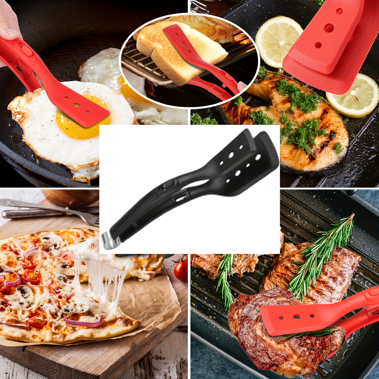 2-In-1 Stainless Steel Silicone Cooking Tongs, Barbecue Heat Resistant Spatula-11.6 Inches-Adjustable Design, Multi-Purpose Home Kitchen Bread Holder Non-Stick Clamps, Flip Fish, Eggs, Fried Steaks, Pancakes, Omelets, Toast Salad Tongs - Image 2