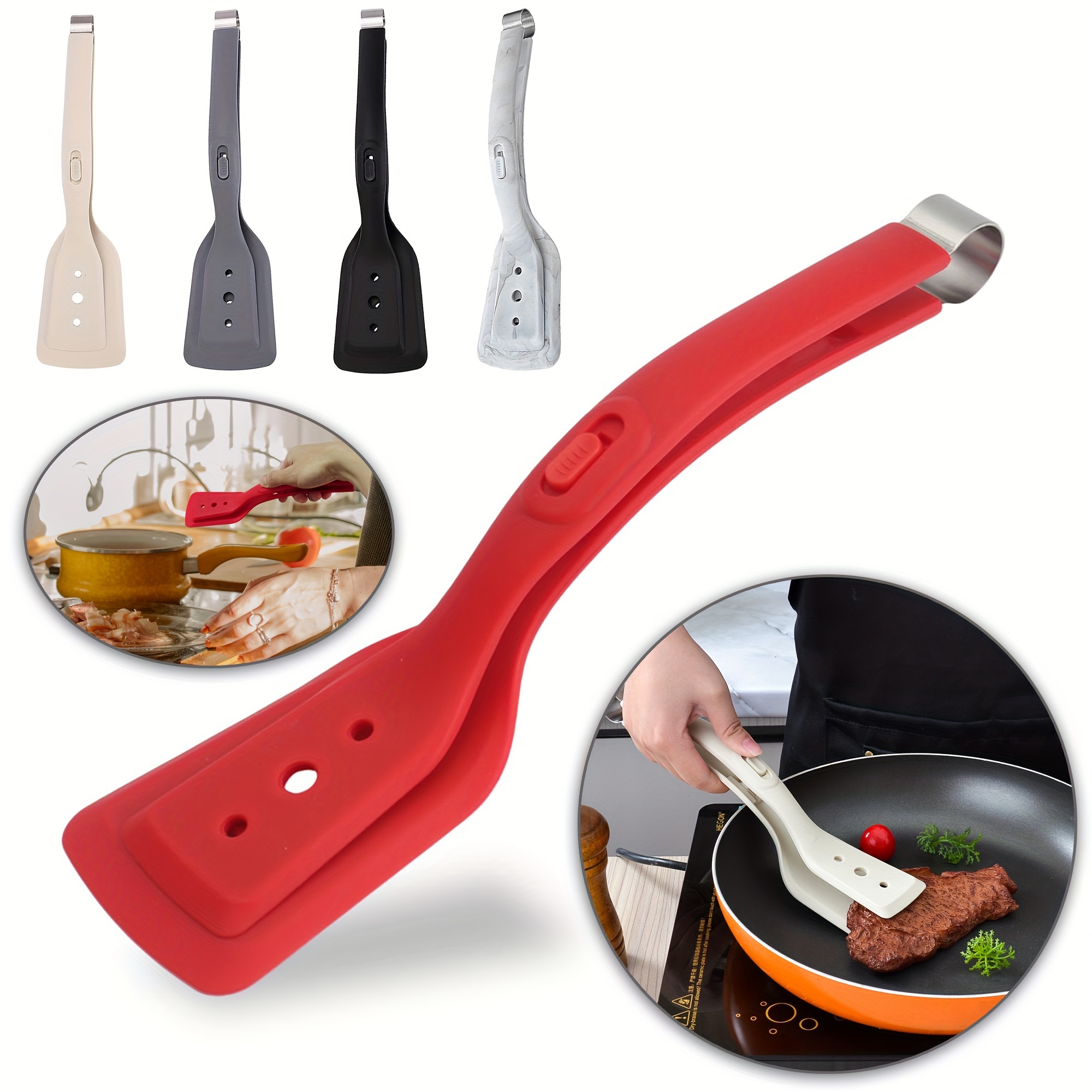2-In-1 Stainless Steel Silicone Cooking Tongs, Barbecue Heat Resistant Spatula-11.6 Inches-Adjustable Design, Multi-Purpose Home Kitchen Bread Holder Non-Stick Clamps, Flip Fish, Eggs, Fried Steaks, Pancakes, Omelets, Toast Salad Tongs